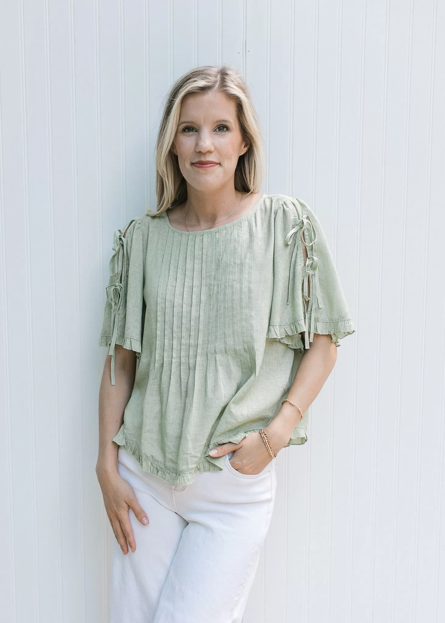 Soft Green Tie Sleeve Top