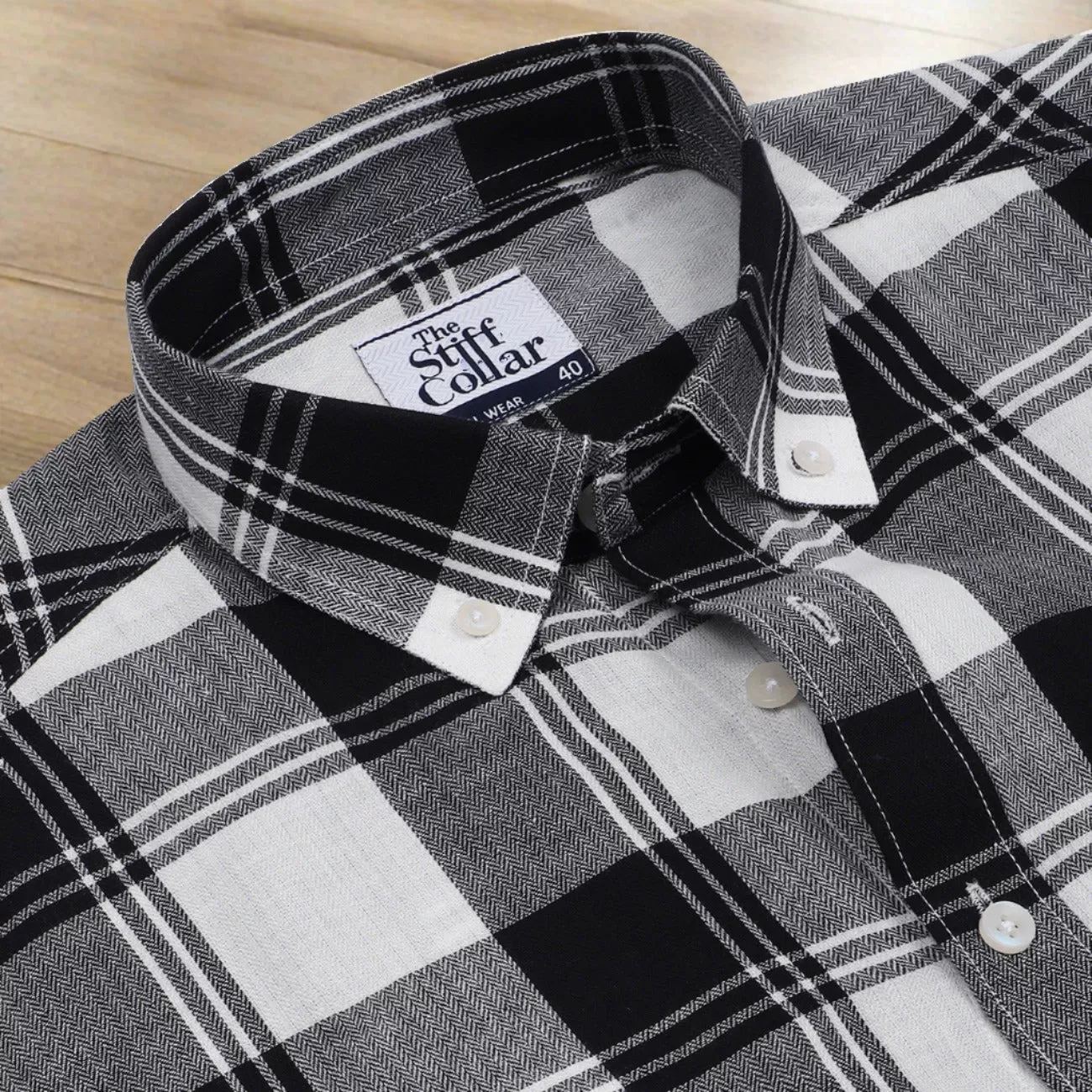 Stone Blue And White Black Check Button Down Combo