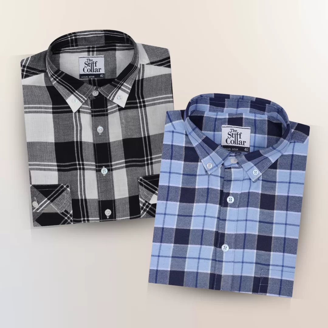 Stone Blue And White Black Check Button Down Combo