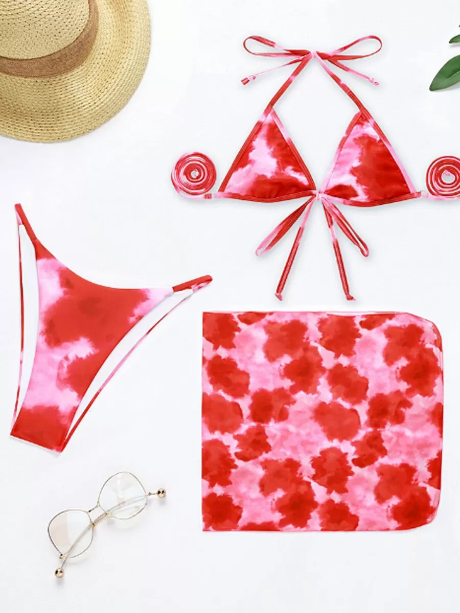 Three-piece Bikini Tie-dye Printed Tether Veil Swimsuit