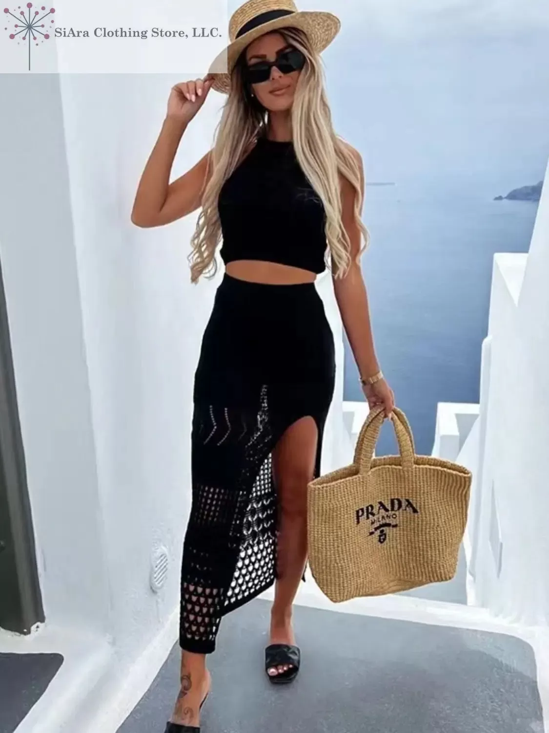 Two Piece Top and Skirt Set with Slit