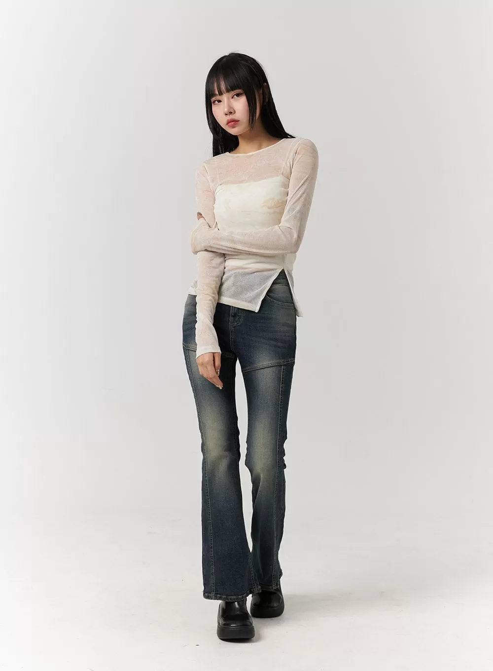 Unbalanced Slit Sheer Long Sleeve Tee CJ405