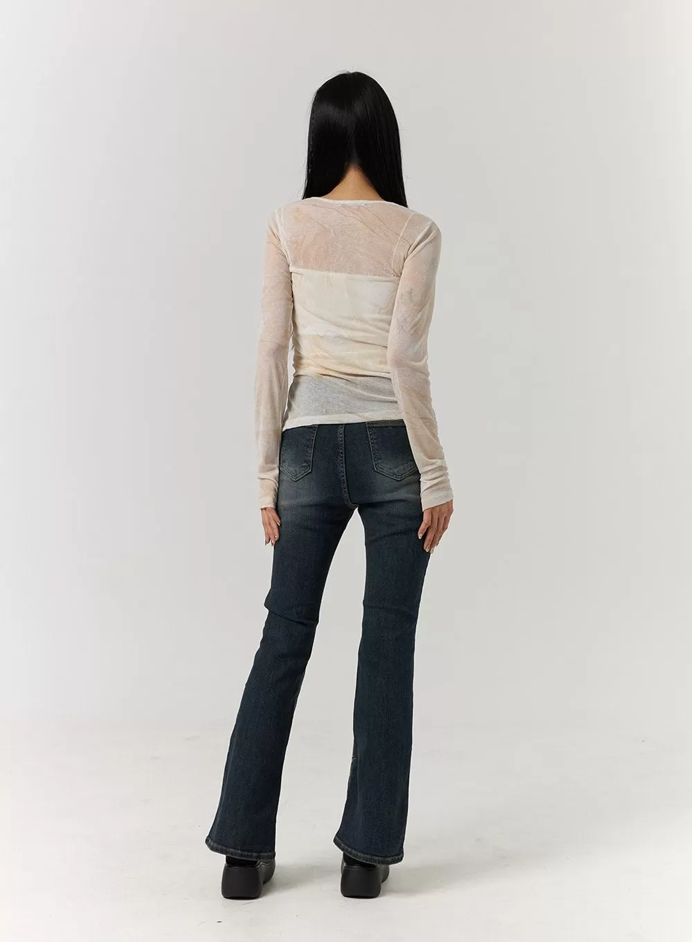 Unbalanced Slit Sheer Long Sleeve Tee CJ405