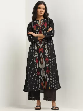 Utsa Black Ikat Printed Cotton A-Line Kurta