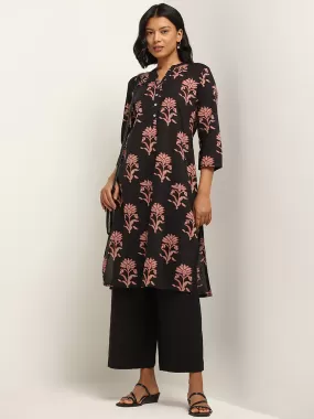 Utsa Black Straight Fit Floral Print Cotton Kurta