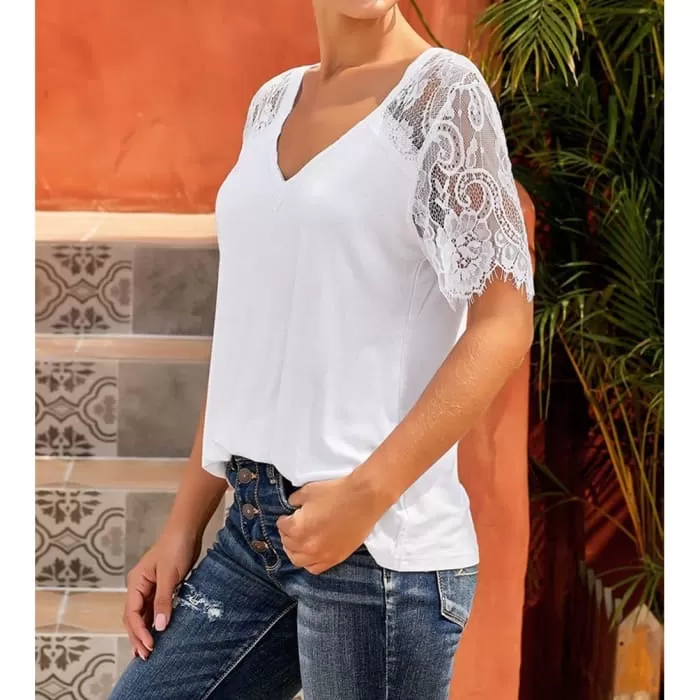 White Lace Sleeve V-Neck