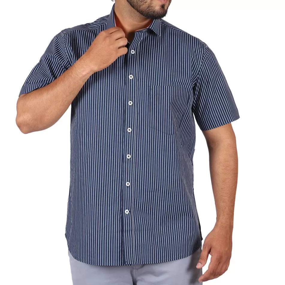 White Stripe On Navy Half Sleeves Shirt