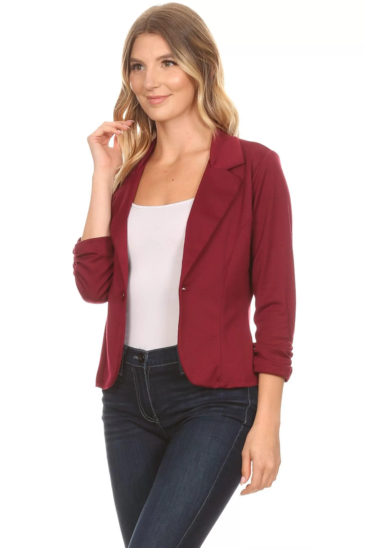 Women's Casual 3/4 Ruched Sleeves One Button Closure Waist length Blazer